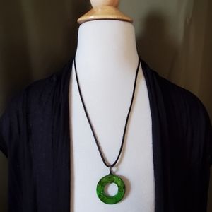 Green Hand Painted Pendant 22'' Necklace.